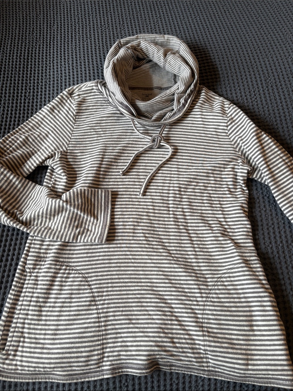 Horny Toad Grey and White Striped Cowl/Hoodie Pullover